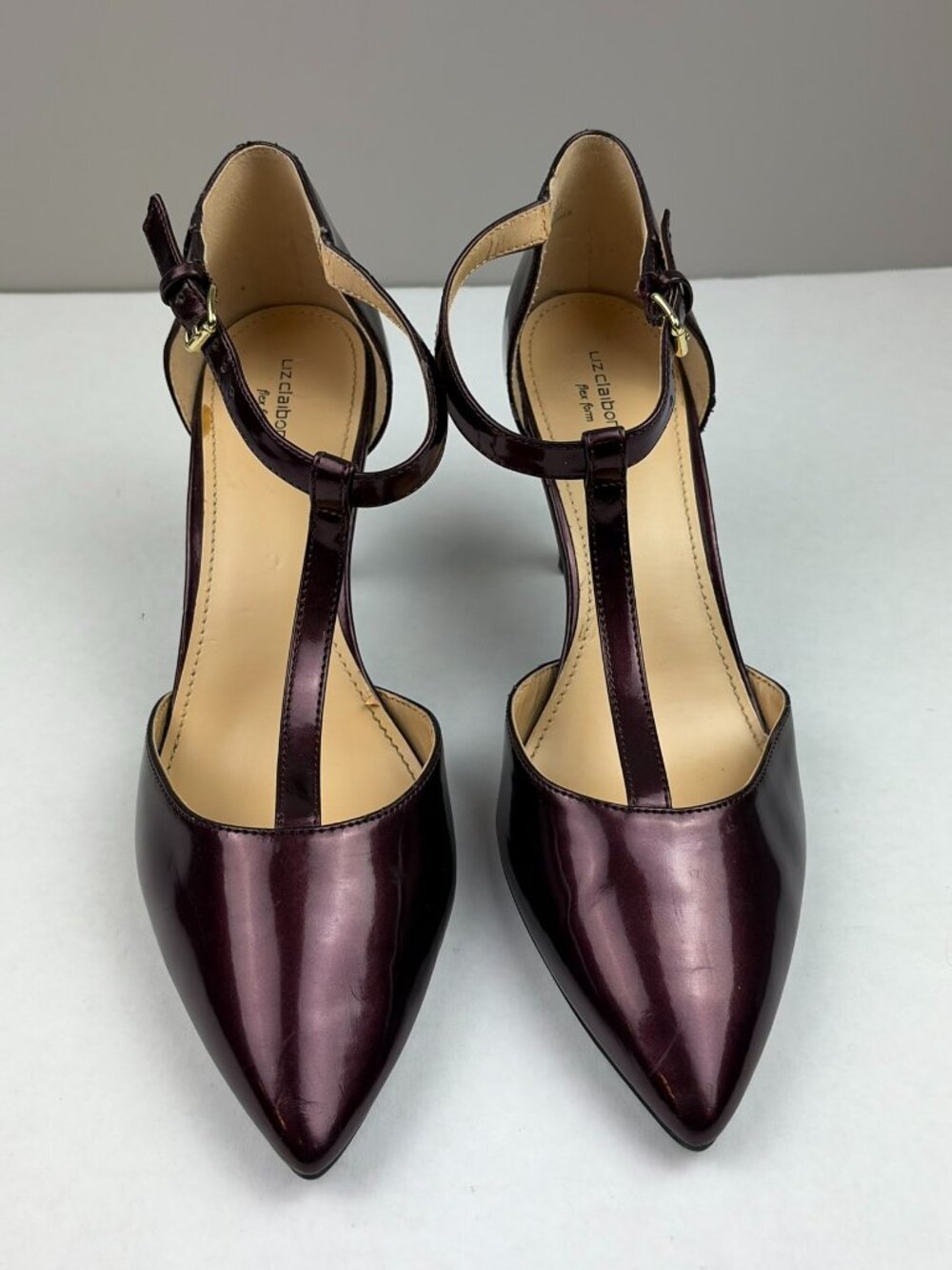 Liz Claiborne Flex Form Harlan T-Strap Wine Patent Leather Heels Size 8 1/2